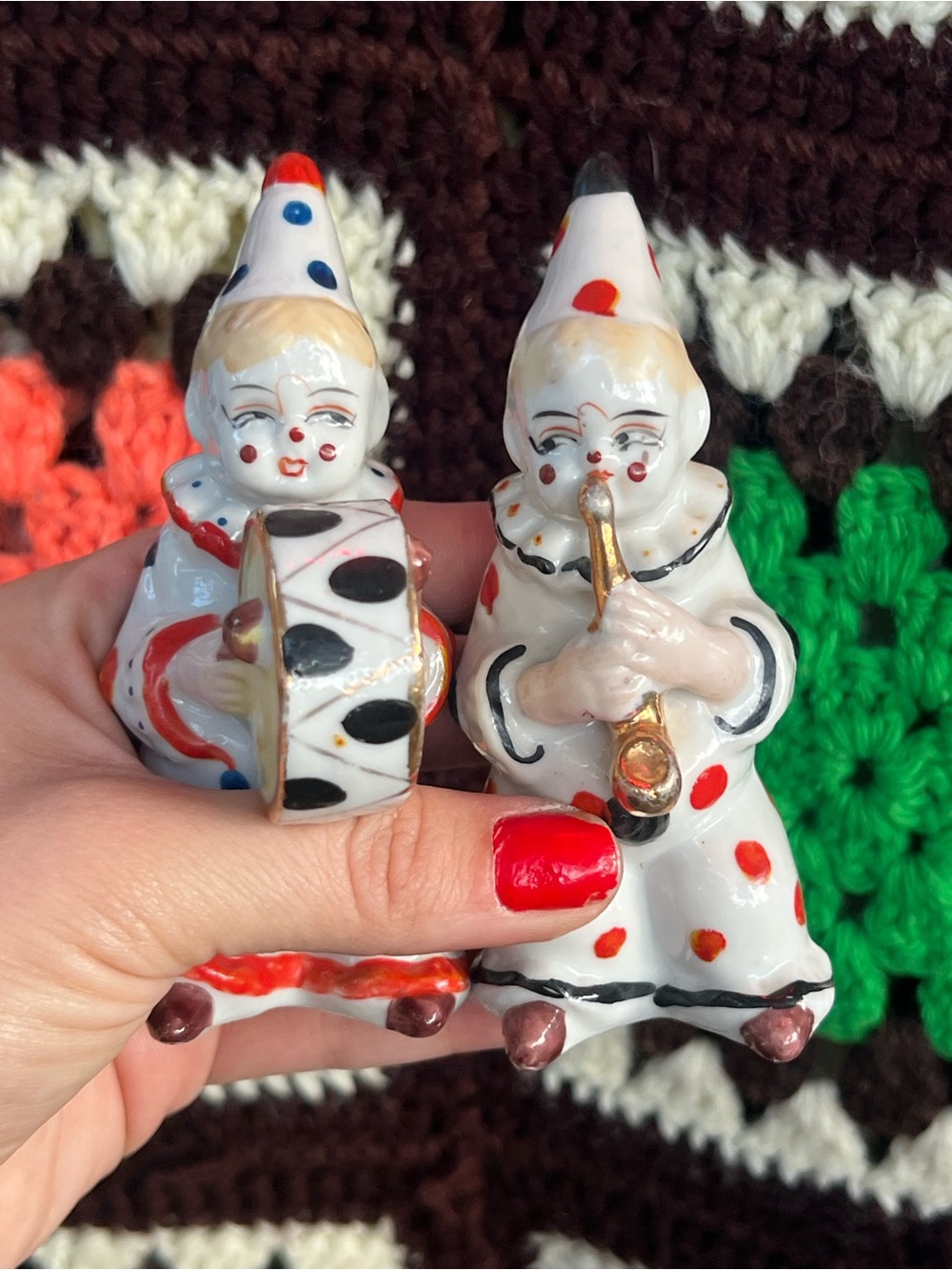 Vintage Japan Clown Figurines Pair Drum & Horn
